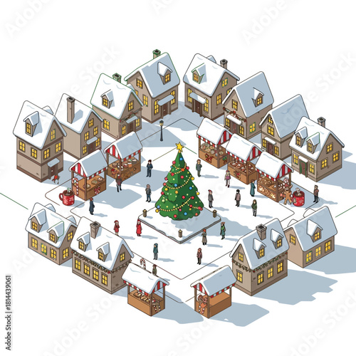 Isometric Christmas market with tree and stalls in a village square.