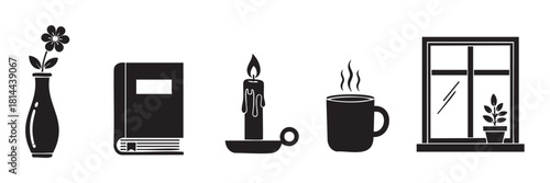 Vector illustration of home comfort symbols in a minimalist silhouette style, featuring a book, candle, hot beverage, and flower for a cozy hygge concept