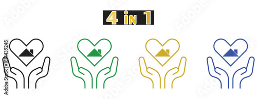 Home Insurance and Property Care Outline Icons, Hands Holding Heart with House