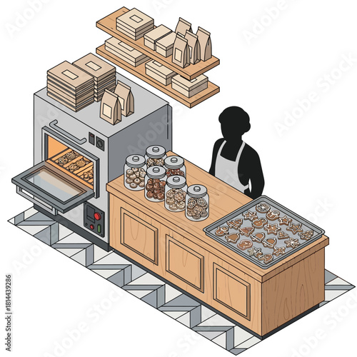 Isometric illustration of a small bakery with an oven, counter, jars of cookies, and a person.