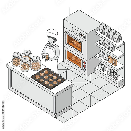 Isometric illustration of a female baker in a commercial kitchen with freshly baked cookies and a double oven.