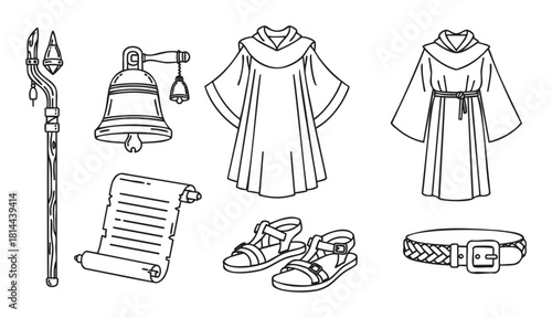 Vector icon set of a medieval monk or cleric's equipment, featuring a hooded robe, wooden staff, monastery bell, ancient scroll, and simple sandals