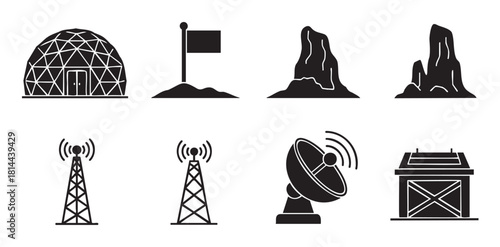 Collection of vector glyphs for a space mission or planetary outpost, including a habitat dome, satellite dish, flag, and landscape elements