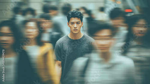 Cinematic shot of a young man in a crowd. Muted tones, atmospheric urban scene, Asia setting
