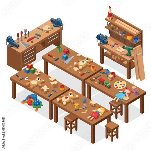 Isometric view of a workshop with various tools and toys on wooden tables.