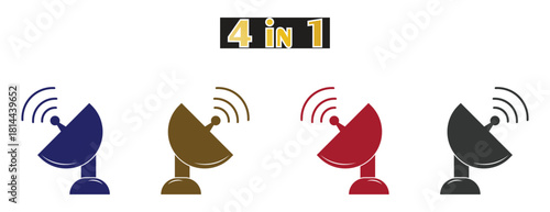 Global Communication Satellite Dish Icon Set, Telecommunication and Data Signal Receiver Symbol