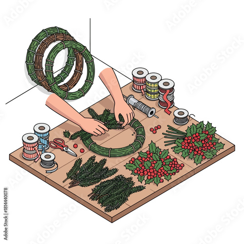 An isometric illustration of a person's hands making a festive Christmas wreath on a wooden table with craft supplies.