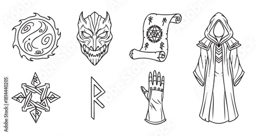 Set of hand-drawn magical and mythological items for a fantasy world, featuring a wizard's robe, runic scroll, demonic mask, and various occult sigils