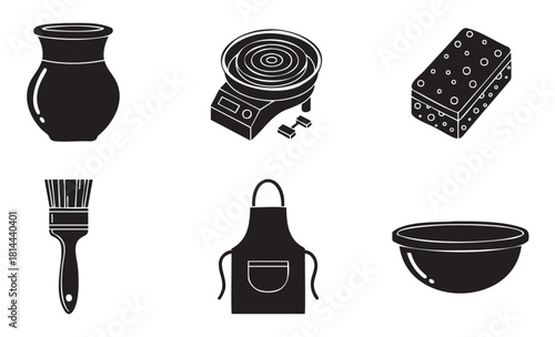 Set of black glyph icons for a pottery workshop, featuring a potter's wheel, clay vase, bowl, apron, brush, and sponge, presented as a simple vector illustration on white