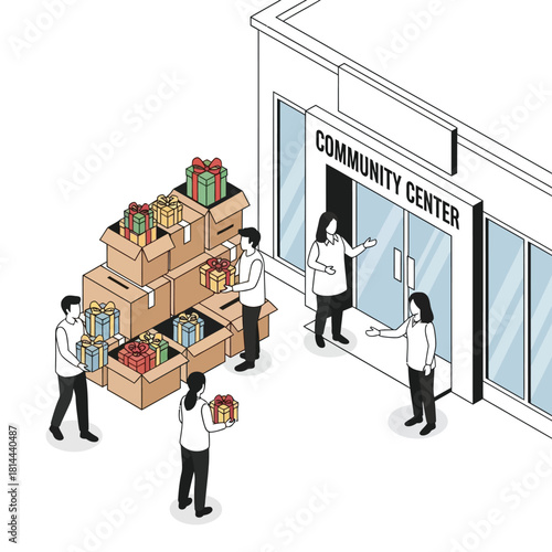 People donating gifts to a community center, showing generosity and support for others.