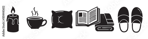 Set of black and white icons representing relaxation and self-care at home, including a candle, hot drink, pillow, book, massager, and slippers