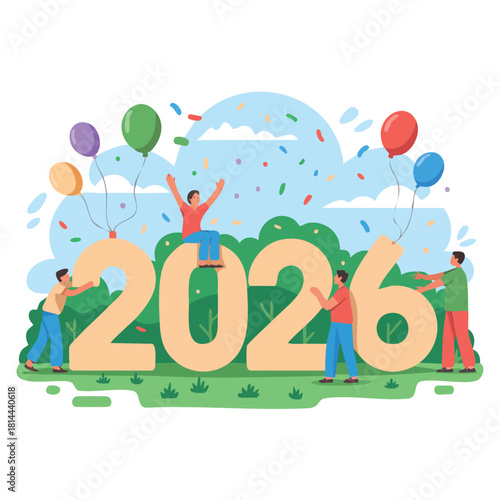 Colorful 2026 Celebration People and Balloons