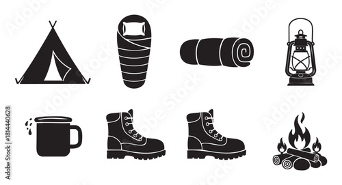 Set of black silhouette icons representing essential camping and hiking equipment, including a tent, sleeping bag, boots, lantern, and campfire