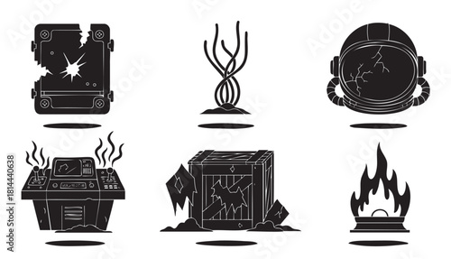 Collection of black and white silhouette icons depicting post-apocalyptic and science fiction elements like a broken helmet, damaged console, and alien plant