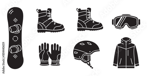 Graphic vector illustration set of essential snowboarding gear, featuring black icons of a snowboard, boots, jacket, helmet, goggles, and gloves for winter recreation