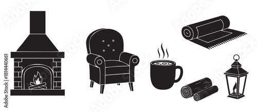 Set of black silhouette icons for a cozy winter evening at home, including a fireplace, armchair, hot beverage, logs, rug, and lantern