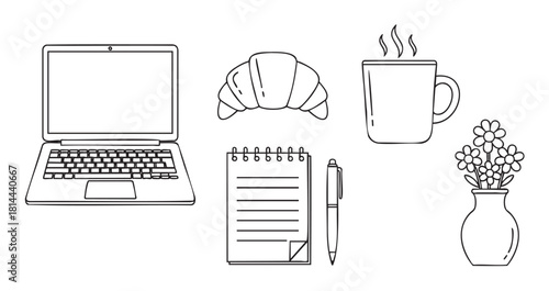 Minimalist collection of hand-drawn line art icons representing a cozy work-from-home setup with a laptop, notebook, coffee, croissant, and flowers in a vase
