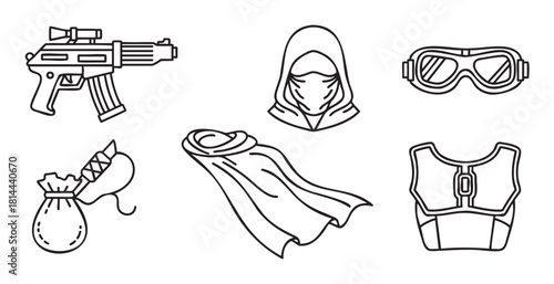 Dystopian survivor equipment collection with a futuristic rifle, hooded mask, goggles, cloak, and armor, illustrated as a set of black and white line art vector icons