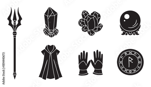 Monochrome icon set of wizard and sorcerer equipment, featuring a magical staff, power crystals, a crystal ball, a cloak, and a runic amulet in a simple silhouette style
