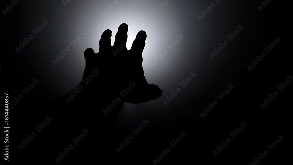 Obraz premium forearm. Silhouetted forearm reaching toward a light source against a dark gradient background. wellbeing guides, coaching materials, designed for mental health education and mindfulness programs.