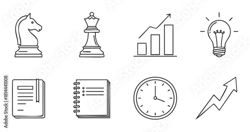 Collection of minimalist business icons in a simple outline style, featuring chess pieces for strategy, a graph for growth, a lightbulb for ideas, and a clock for time management