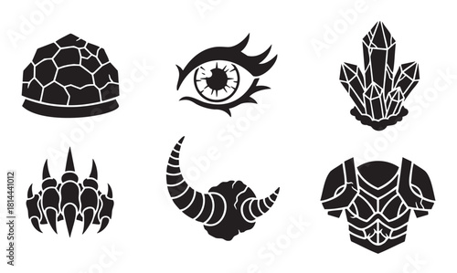 Set of six minimalist fantasy RPG icons featuring a monster eye, magic crystals, armor, and creature parts like claws and horns, presented in a bold black silhouette style