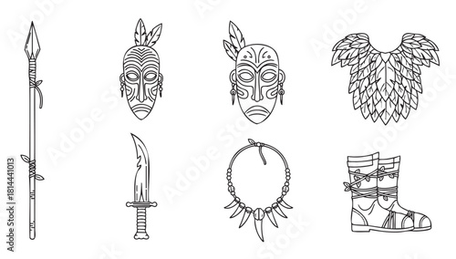 Collection of ancient indigenous warrior items in a minimalist outline style, featuring ceremonial masks, a spear, a dagger, a leafy cloak, and a fang necklace