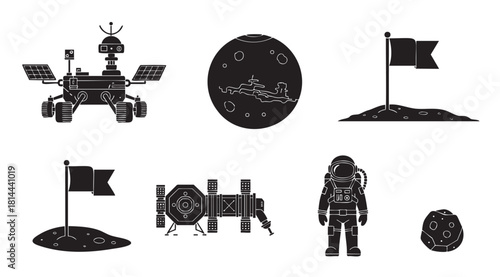 Set of black silhouette icons for space exploration, including an astronaut, planetary rover, space station, planet, and flag