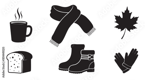 Graphic collection of black silhouette icons representing cozy fall and winter elements like a steaming mug, warm scarf, boots, gloves, bread, and a maple leaf