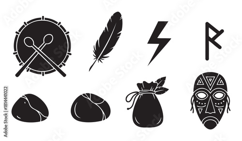 Collection of black silhouette icons representing shamanic ritual objects, including a drum, feather, rune, stones, pouch, and a tribal mask