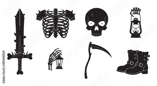 Collection of black silhouette icons for a dark fantasy or horror theme, featuring a skull, rib cage, skeletal hand with a lantern, a bone sword, scythe, and boots