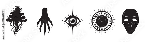 Set of black silhouette icons with a magic and horror theme, featuring a monster hand, an evil eye, a runic circle, a ghost mask, and mystical smoke