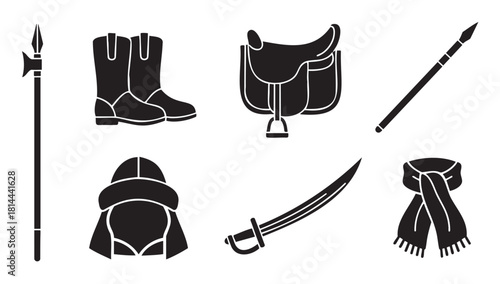Collection of historical or fantasy cavalry equipment icons in a simple black silhouette style, featuring a sword, spear, helmet, saddle, and boots against a plain white background