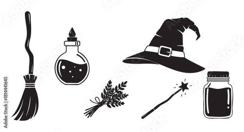 Collection of black silhouette icons representing witchcraft and magic, including a pointed hat, broomstick, potion bottle, wand, and herbs