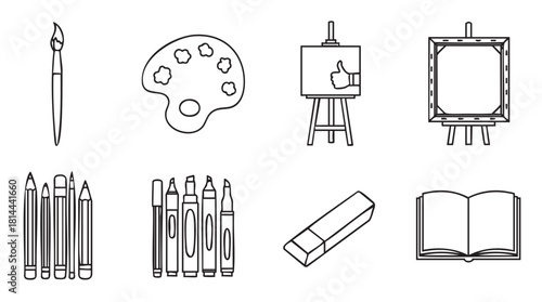 Collection of black and white line art icons representing various art and drawing supplies like a paintbrush, palette, easel, pencils, and markers
