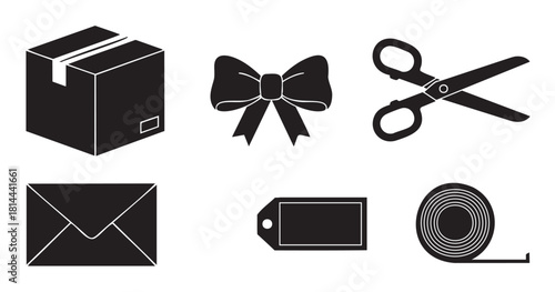 Collection of black silhouette icons for shipping and gift wrapping, featuring a parcel, bow, scissors, envelope, tag, and tape, all