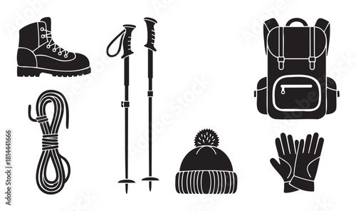 Set of black silhouette icons representing hiking and mountaineering equipment, including boots, trekking poles, a backpack, rope, hat, and gloves