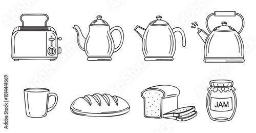 Collection of black and white line art icons featuring breakfast food and kitchen appliances like a toaster, kettle, teapot, bread, and jam