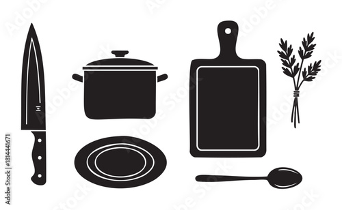 Minimalist graphic illustration set of essential cooking equipment shown as black silhouettes, featuring a chef knife, saucepan, chopping board, plate, and herbs for food preparation
