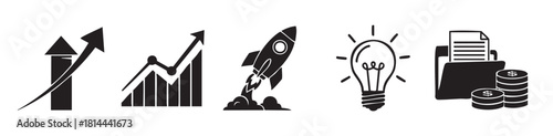 Minimalist set of black vector icons for business and finance, featuring an arrow, growth chart, rocket, lightbulb, and money, illustrating concepts of startup and success
