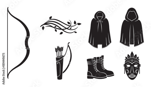 Collection of black silhouette icons for a fantasy or adventure theme, including a bow, quiver with arrows, hooded cloak, combat boots, and a tribal mask