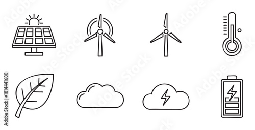 Set of simple outline icons for green energy and environmental themes, including solar power, wind turbine, leaf, and battery symbols, presented in a clean, minimalist vector style