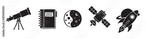 Collection of minimalist black silhouette icons for science and education, including a telescope, journal, stylized planet, satellite, and a retro rocket ship