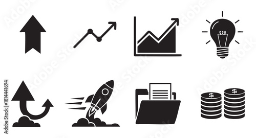 Collection of black business development and financial growth icons, featuring a rocket launch, upward arrow charts, money stacks, and a lightbulb for innovation