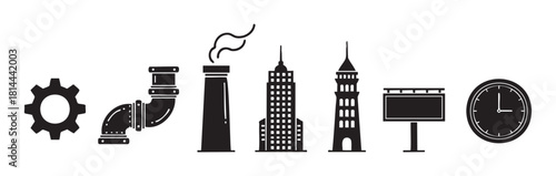 Collection of black silhouette icons representing industrial and urban themes like a gear, pipe, factory, skyscrapers, billboard, and clock