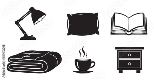 Set of six black and white icons for comfort and relaxation, featuring a lamp, pillow, open book, folded blanket, steaming cup, and bedside table