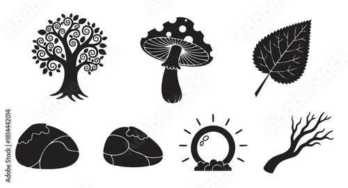 Collection of monochrome forest and fantasy element silhouettes, including a stylized tree, toadstool, leaf, stones, a bare branch, and a magical orb