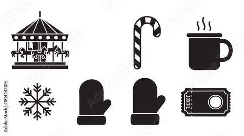 Set of black silhouette icons for a winter festival or Christmas market, including a carousel, candy cane, hot drink, snowflake, mittens, and a ticket