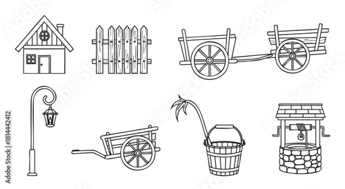 Set of black and white line art illustrations featuring rustic village elements like a house, fence, wooden cart, well, and lantern