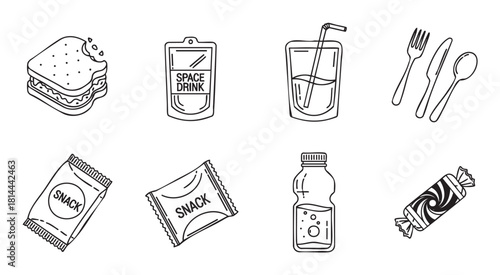 Collection of black and white line art icons featuring various food and drink items like a sandwich, snacks, beverages, and cutlery